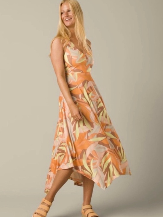 Prana Dresses & Skirts - PrAna Saxon Dress XL Orange Leaf Print Asymmetrical Midi EUC Tropical Coastal